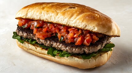 A delicious grilled beef patty sandwich with fresh tomato salsa and arugula on a crusty roll is perfect for a satisfying lunch.