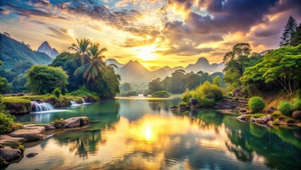 Fototapeta premium Tropical Landscape with River and Sunset