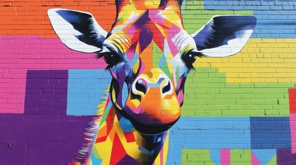 A colorful mural on a brick wall depicts a vibrant, geometric giraffe.