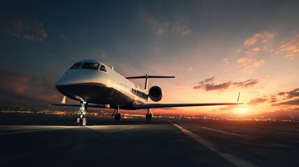 Elegant private jet positioned on the runway at sunset capturing the spirit of luxury travel and adventure