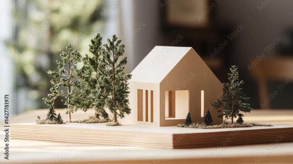 Poster a serene scandinavian-inspired workspace with small evergreen trees and a wooden house model, evokin