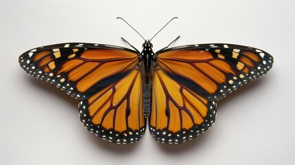 Obraz premium Brilliant monarch butterfly with its wings fully spread orange and black patterns crisp white background macro wildlife photography