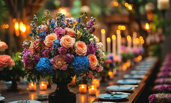 Beautiful floral arrangement on a dining table, with candles glowing in a vibrant garden setting