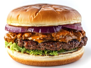 A juicy grilled beef burger topped with chili, melted cheese, red onion, and crisp lettuce on a toasted bun.
