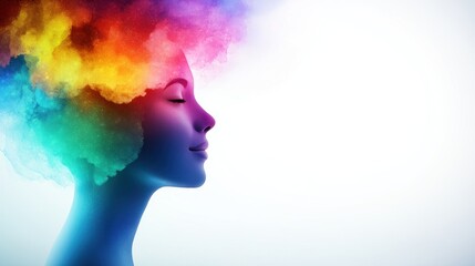 Obraz premium a serene profile of a woman with vibrant colorful smoke emanating from her head representing creativity imagination and vivid inner thoughts
