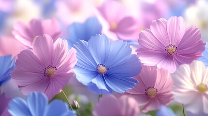Fototapeta premium pink and blue anemone flowers blooming in soft focus