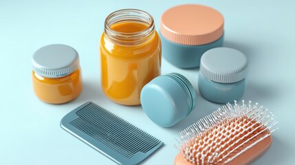 Assorted cosmetic and hair care products arranged on a pastel blue surface.