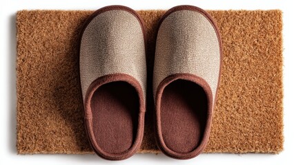 Single pair of stylish slippers comfortably placed on a plush carpet emphasizing relaxation and home warmth