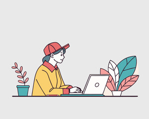 Young Woman Using Laptop &ndash; Modern Technology, Remote Work or Online Learning Concept, Simple Flat Illustration of Digital Lifestyle