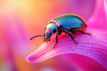 Naklejka premium Vibrant iridescent beetle resting on a vibrant pink flower petal.