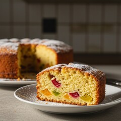 A slice of fruit-filled pound cake with a light dusting of sugar