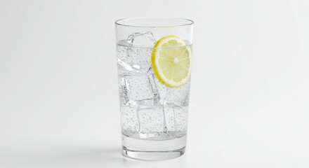 A glass of sparkling water with ice and a lemon slice
