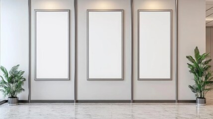 Modern minimalist hallway with empty display frames.