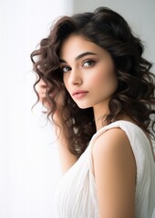 Naklejka premium Dark Brown Curly Hair Woman White Sleeveless Hand in Hair Portrait