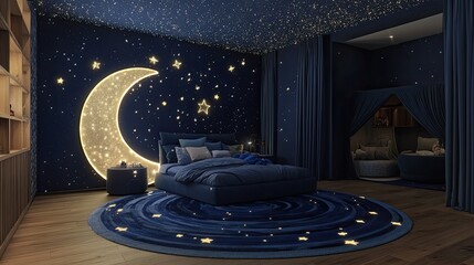 A starry night-inspired kids' room featuring deep navy blue walls with glittering star decals