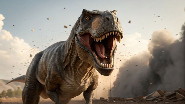 Dinosaur explosion action tyrannosaurus rex roars amidst dynamite blast in dramatic cgi environment