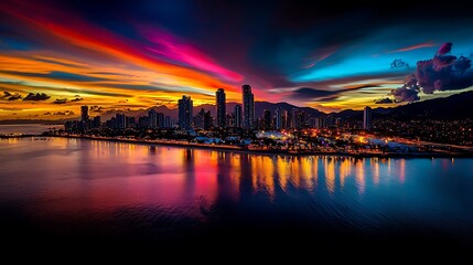 Fototapeta premium Stunning sunset over city skyline coastal area landscape photography urban environment aerial view vibrant colors