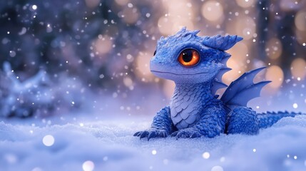 A cute, small, blue dragon with large amber eyes, tiny wings, and red inner ears sits in the snow.