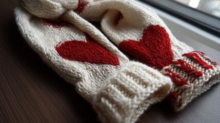 Pair of knitted mitts on a table with a knitted scarf featuring two hearts stitched at the ends for warmth and comfort