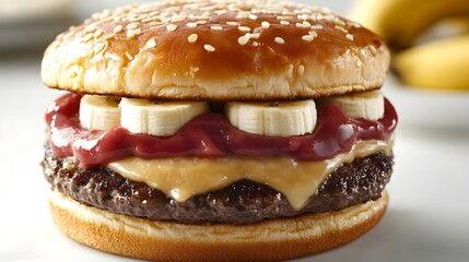 A delicious gourmet hamburger topped with peanut butter banana slices and sweet berry preserves is ready to eat.