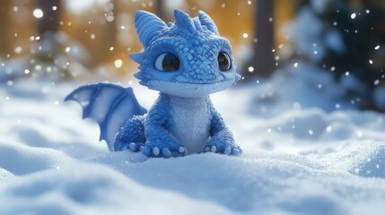 A cute, small, blue dragon with large amber eyes, tiny wings, and red inner ears sits in the snow.