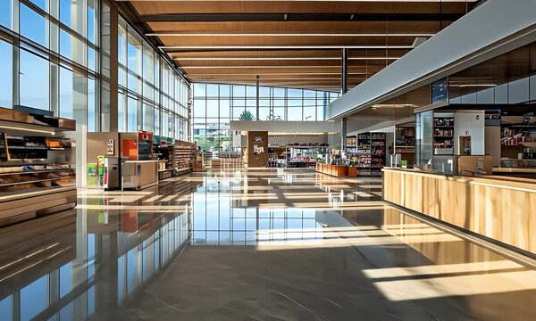 Interior of a bright building featuring large windows, wood ceiling, and reflective floor, creating an open, airy atmosphere