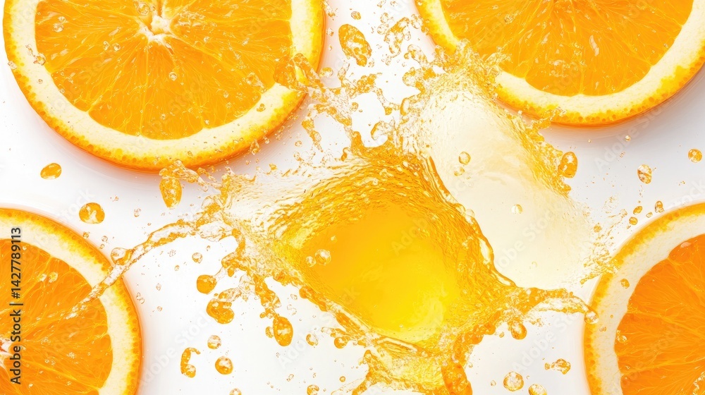 Poster fresh orange slices splashing into a pool of bright orange juice on a clean white backdrop, symboliz