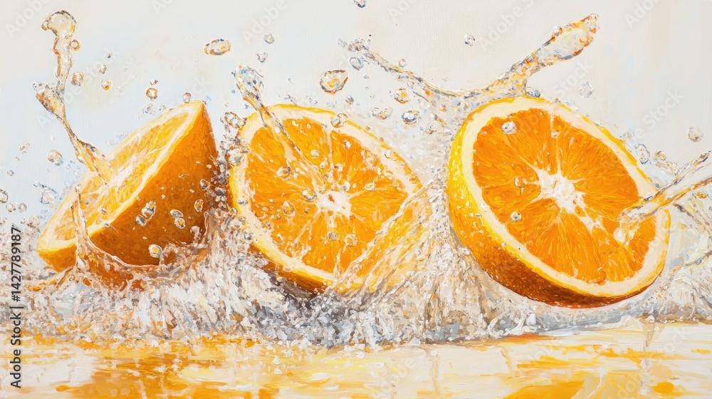Poster fresh orange slices splashing into a pool of bright orange juice on a clean white backdrop, symboliz