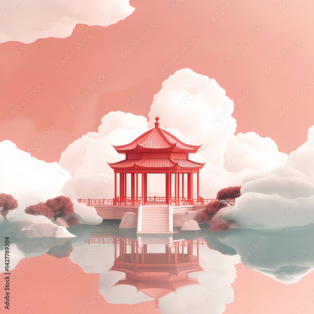 Poster パステルピンクの空と雲に浮かぶ東洋風の宮殿の幻想的な風景 水面への美しい反射