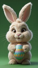 A adorable, fluffy 3D Easter bunny, Coelho Fofinho, with soft, velvety fur, holds a colorful Easter egg in its paws, set against a vibrant green background, designed for seamless cutting and editing, 