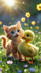 "A blue-eyed orange kitten and a fluffy yellow duckling are playing together in a green field. The sun is shining brightly, small flowers are blooming, and both of them look happy. Realistic style, 