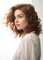 Fototapeta premium Red Brown Curly Hair Woman White Blouse Side Profile Portrait
