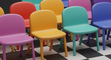 カラフル椅子 整然と並ぶ 鮮やか描写