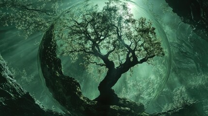 a close up of a glass ball with a tree inside, tree of life inside the ball