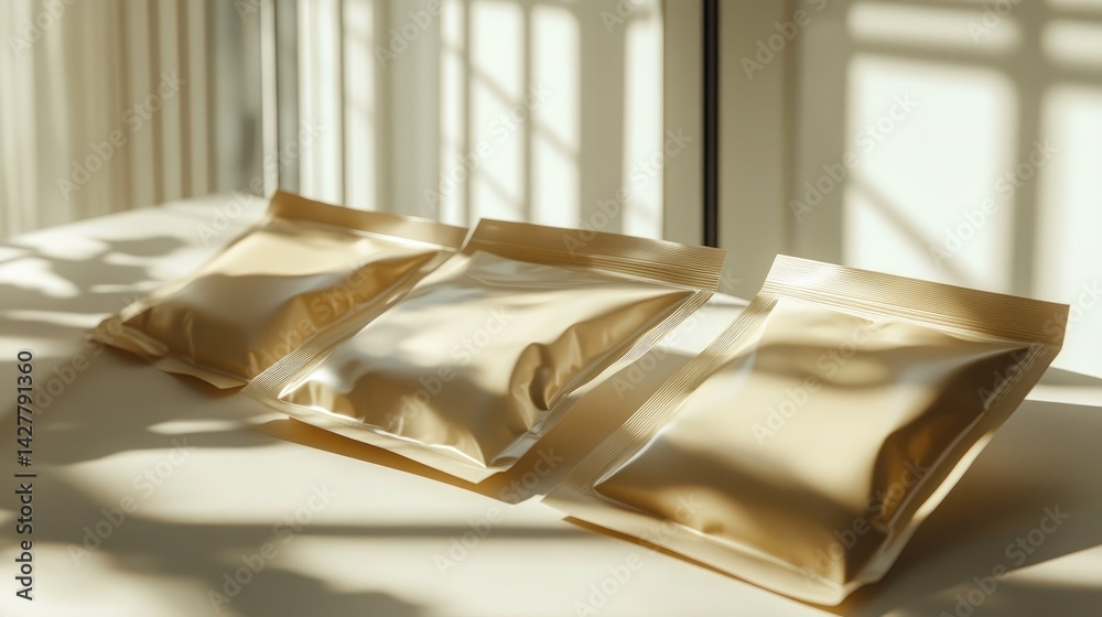 Poster Soft sunlight illuminates neutral-colored packaging pouches arranged on a surface, creating a clean, natural look with subtle shadows for a contemporary vibe.