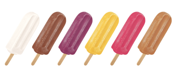 COLORFUL POPSICLES IN MANY FLAVORS ON ISOLATED BACKGROUND - COCONUT, CHOCOLATE, GRAPE OR AÇAÍ, CREAM, STRAWBERRY AND DULCE DE LECHE
