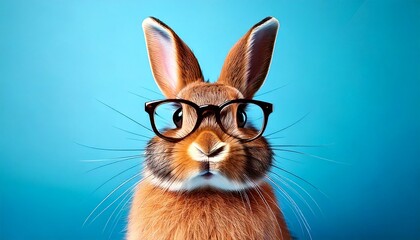 Obraz premium Cute brown bunny with nerdy glasses and tilted head, isolated on blue background