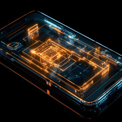 Obraz premium A smartphone with a transparent screen displaying a glowing circuit design underneath, simulating the appearance of live data processing through illuminated pathways.