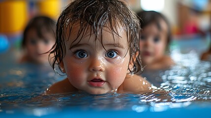 Baby swimming pool class, toddlers learning, fun playtime, water safety