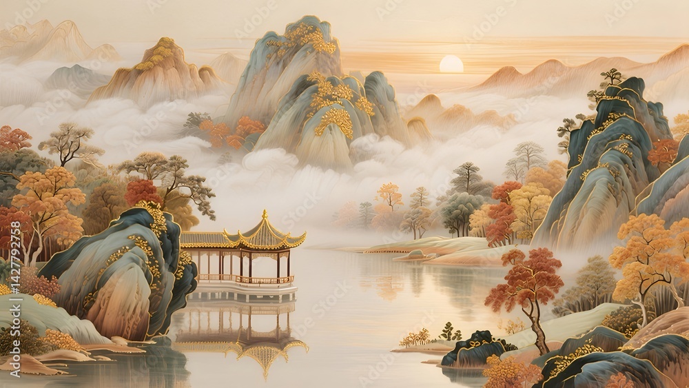 Poster 風景画の山々と湖 夕焼け時の金色に輝く自然の風景 伝統的な東洋芸術の穏やかな光景