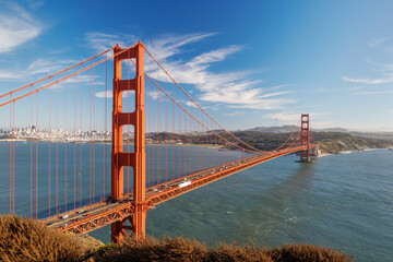 Iconic view of the Golden Gate Bridge bathed in warm sunlight