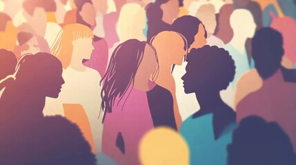 diverse crowd illustration showcasing unity and human connection with a palette of soft colors representing different backgrounds and identities