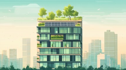 rendering of a building with a solar array on top of it, in an eco city