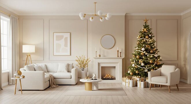 暖色系の光が輝く上品なリビング、クリスマスツリー 