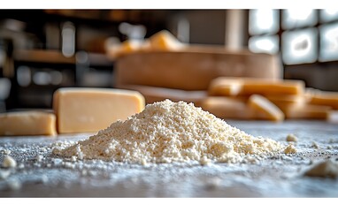 Pile of flour on a table with cheese in the background