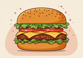 ジューシーなチーズバーガー 暖色系の背景で食欲をそそるイラスト