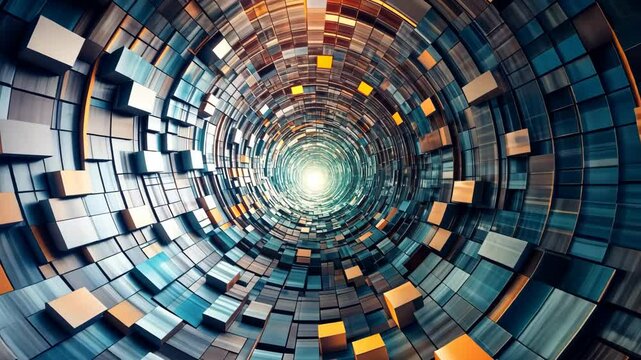 Hypnotic spinning tunnel of vibrant metallic cubes races towards a bright light.
