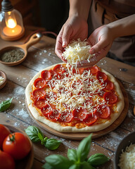 Preparing homemade pepperoni pizza with cheese on rustic wooden table.
