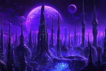 Purple Haze An Alien Cityscape Bathed in the Light of Twin Moons
