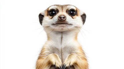Charming meerkat standing on its hind legs alert expression tiny paws folded white background studio animal portrait